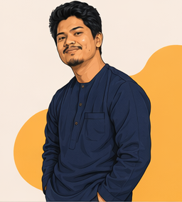 Full-body illustration of Asyraf on an amber backdrop