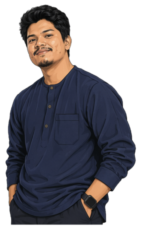 Illustrated portrait of Muhammad Asyraf in a navy baju, hands in pockets