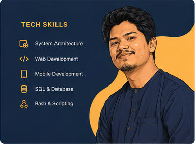 Tech skills card: system architecture, web development, mobile development, SQL and database, bash and scripting