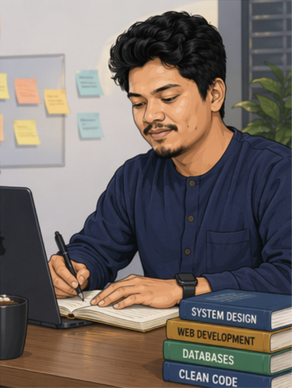 Writing notes beside books on system design, web development, databases and clean code